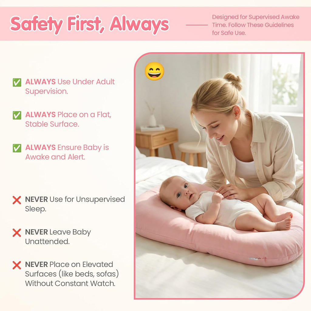 Skiennix Infant Support Cushion - Portable Baby Lounger & Tummy Time Mat, Soft Cotton, Waterproof, Pink