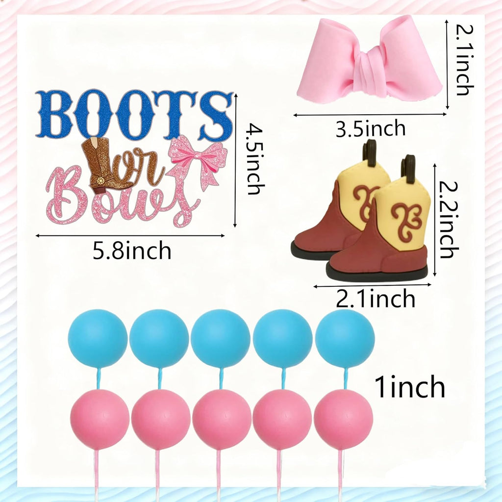Skiennix Gender Reveal Cake Decorations - Acrylic Boots & Bows Toppers Set for Baby Shower