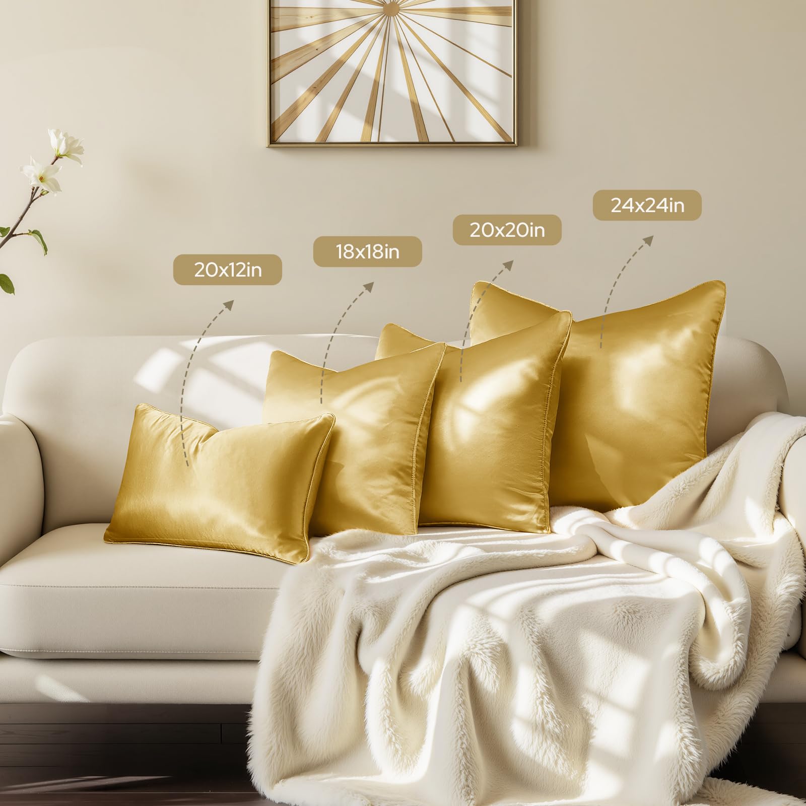 HOMEIDEAS Gold Decorative Throw Pillow Covers 18x18 Set of 2, Glossy Faux Silk Pillow Covers for Couch Sofa Bed Decor Luxury Euro Summer Cushion Covers