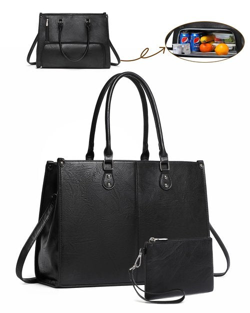 Laptop Tote Bag with Insulated Lunch Compartment for Women Work, PU Leather Lunch Bag with 15.6 Inch Computer Compartment