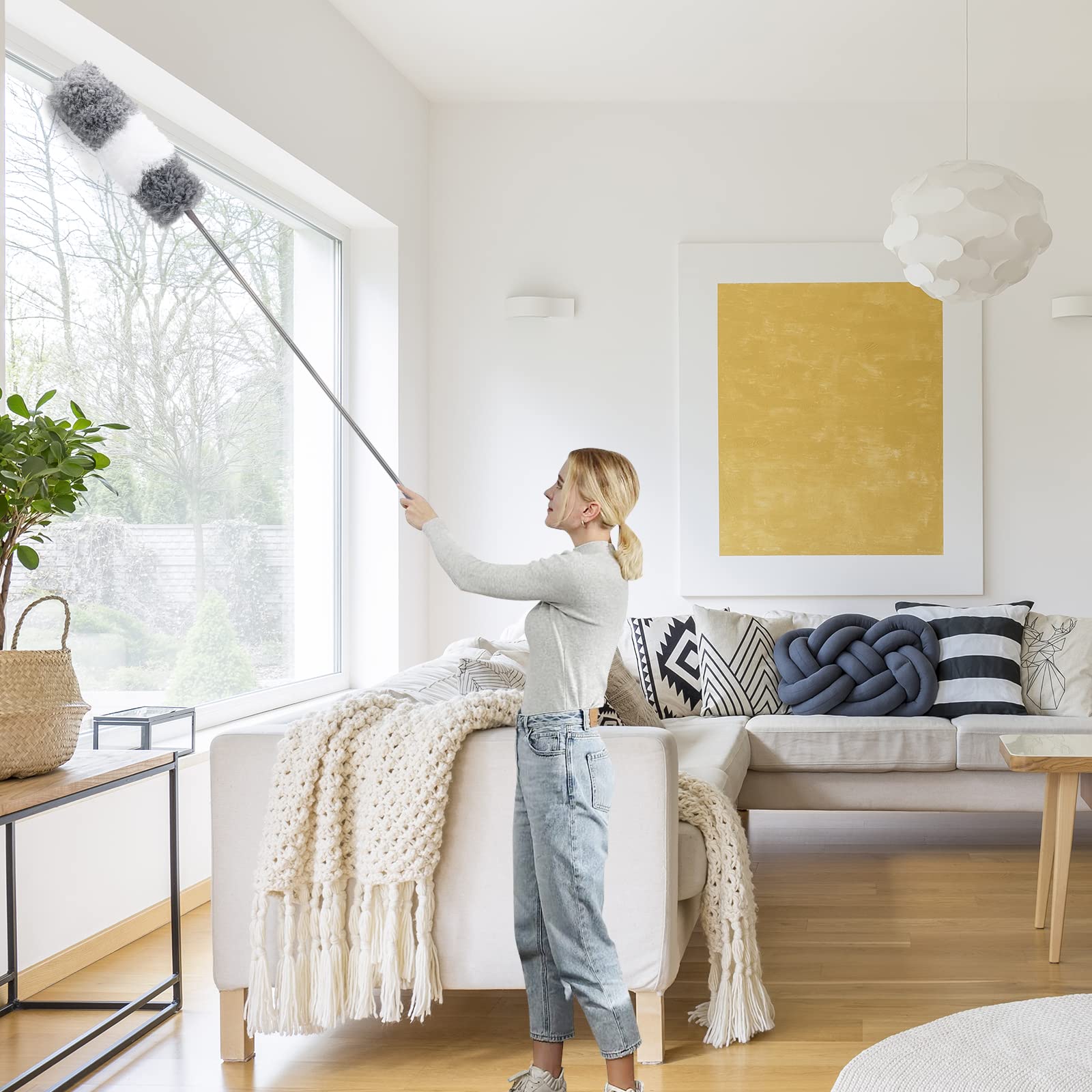 DEEHYO Microfiber Duster for Cleaning Fan, High Ceiling, Blinds, Furniture, Cars , 9PCS Extendable Feather Duster (Stainless Steel) 30 to 100 Inches, Reusable Bendable Washable