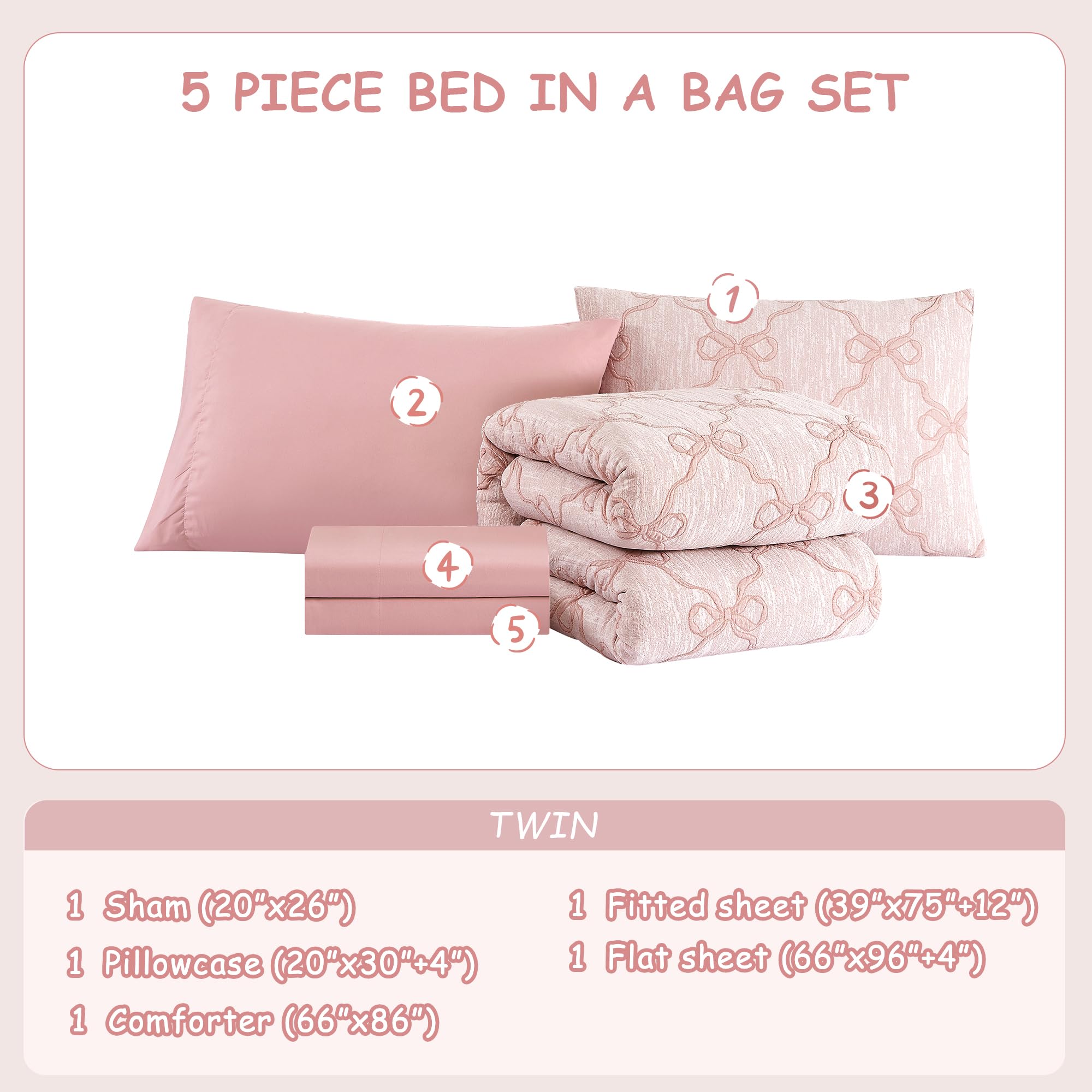 Wink Deer Twin Comforter Set with Sheets for Girls-5 Pieces Twin Bedding Sets with Pink Comforter, Sheets, Pillowcase & Sham for Kids (Pink Diamond, 66" X 86")