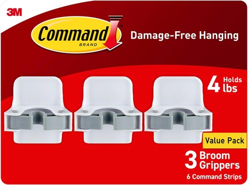 Command Broom Grippers - Damage-Free Mop & Broom Holder Wall Mount | 3 Hangers & 6 Strips, Holds Up to 4 lb