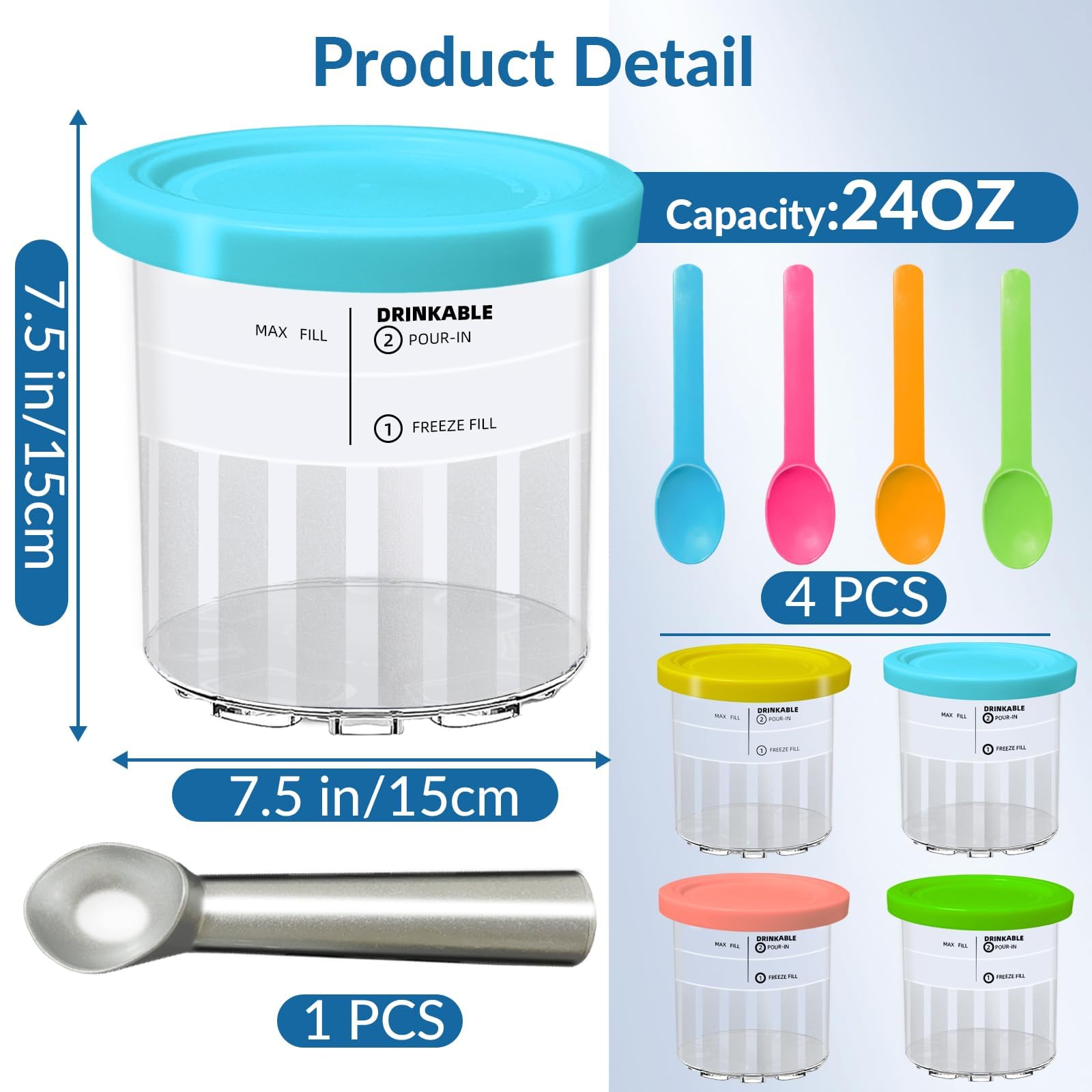 Vintrol 4 Pack Pints Creami Deluxe Pints with 4 spoons, 1 metal spoon & 4 Lids, 24oz Creami Pints Compatible with NC500 NC501 Series Ice Cream Makers Machine Accessories, BPA-Free And Dishwasher Safe