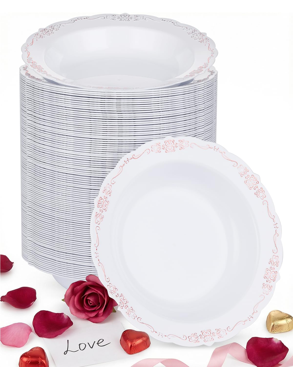 Bestluck 100 Pack Clear Red Plastic Bowls with Gold Rim, 12oz Plastic Salad Bowl, Disposable Bowls for Party, Dinners, Weddings, Christmas, Thanksgiving, Valentine's Day