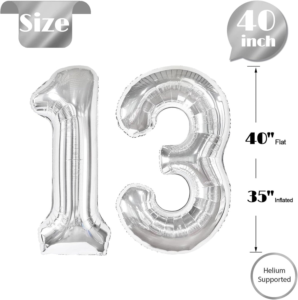 Silver Number 13 Balloon - 40 Inch Birthday Decoration for Kids | Perfect for 13th Birthday Parties