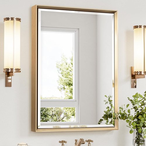 Brushed Gold Bathroom Mirror by [Brand Name] - 22x30 Beveled Edge Rectangle Vanity Mirror | Anti-Rust Frame