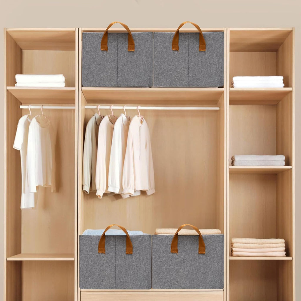 SNWDN Closet Storage Bins - Medium Fabric Baskets with Handles for Organization | Gray 15''L x 10''W x 8''H