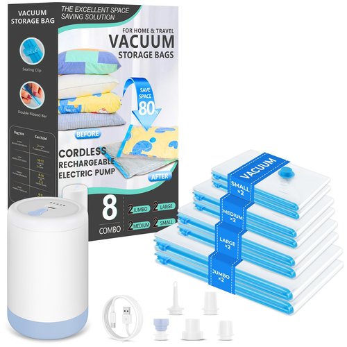 Vacuum Bags for Travel with Portable Electric Pump, 8 Pack Vacuum Seal Bags for Luggage and Suitcase Compression, Space Saver Vacuum Storage Bags for Clothes and Clothing Travel