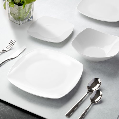 Zulay Kitchen Luna Plates and Bowls Sets, 16 Piece Modern Porcelain Dish Set for 4, Chip and Scratch Resistant Square Dinnerware Set, Microwave and Dishwasher Safe, Pearl White