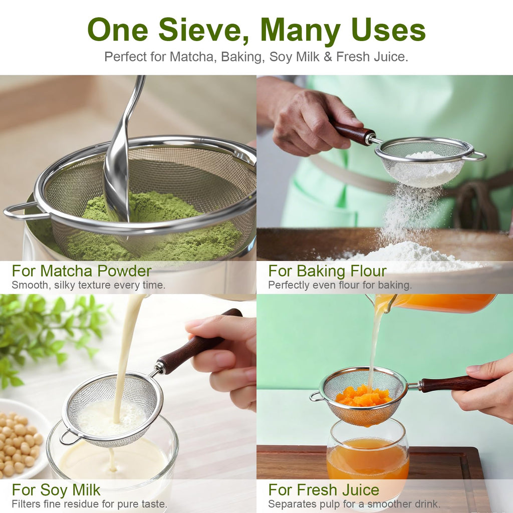 Suhfuib Matcha Sifter - Precision 30-Mesh Stainless Steel Fine Powder Strainer, Wooden Handle, 3-Inch Small Metal Sieve for Tea Ceremony & Cocoa, Hand Wash Recommended