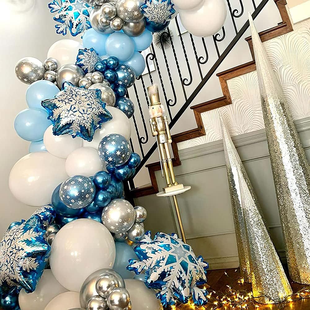 Snow Queen 132PCS Metal Balloons - Double Layer Snowflake Garland Kit for Winter Wonderland Parties
