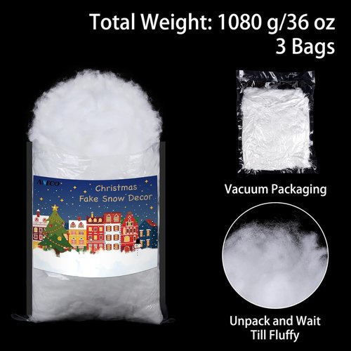 ANVAVO Fake Snow Decor - Soft Fluffy Cotton for Christmas Village Crafts | 36 Ounces in 3 Bags