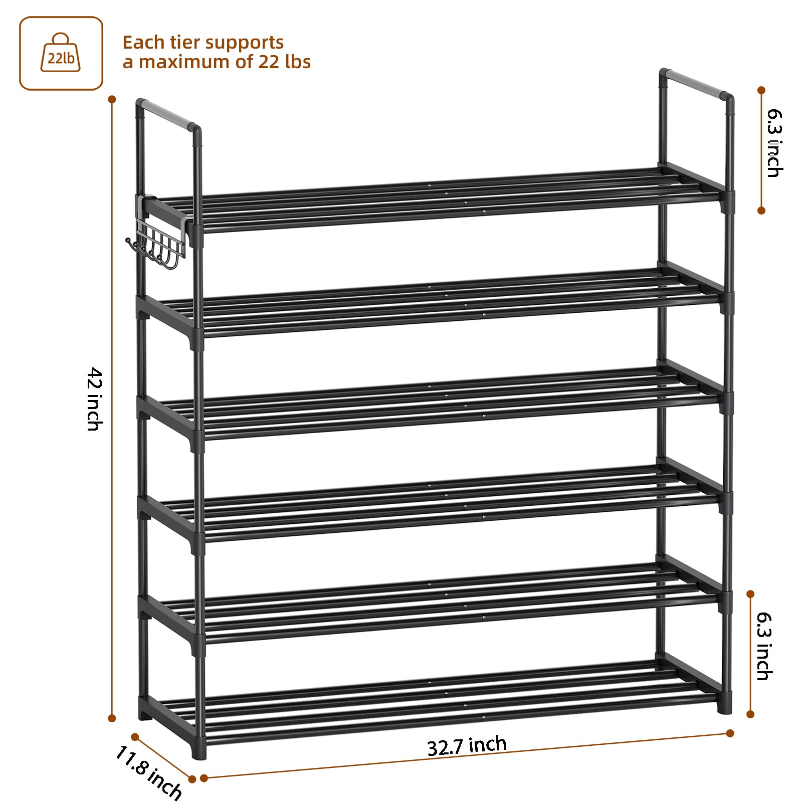 Saincustom 6 Tier Shoe Rack, Shoe Rack for Closet, Shoe Organizer for Entryway, Shoe Storage for Front Door Entrance & Entryway, Large Shoe Stand Holder Adjustable Shelf Height