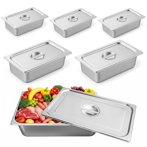 Hotel Pans Deep Steam Table Full Size Pan Set, Steam Table Pans with Lids, Stainless Steel Commercial Food Storage Containers Stackable Metal Steamer Pan(6" Deep 6 Pack, 1/1 Size)