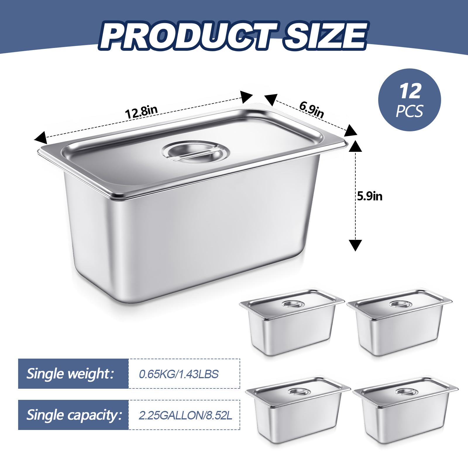 Mifoci 12 Pack Stainless Steam Hotel Pan with Lid, 1/3 Size x 6 Inch Deep Restaurant Supplies Reusable Anti Rust Steam Water Pan for Home, Party, Restaurant, Hotel, Buffet