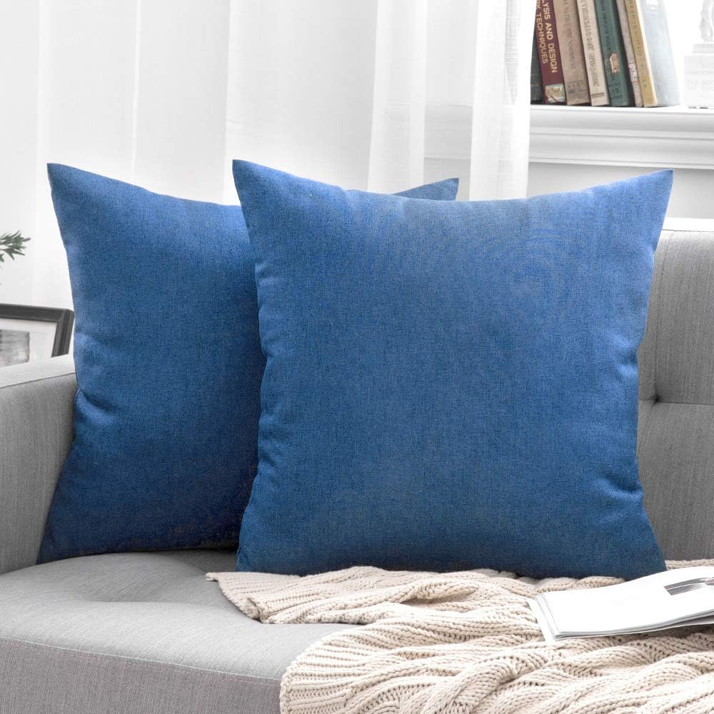 MIULEE Decorative Outdoor Throw Pillow Covers - Waterproof Faux Linen Cushion Cases | 20x20 Inch Blue (Pack of 2)