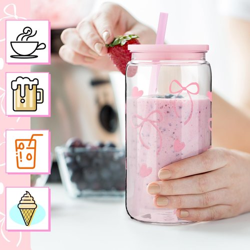 Yetene 8 Pcs Coquette Bow Plastic Cups with Lids and Straws 16 oz Acrylic Mason Jars Aesthetic Reusable Bottles Iced Coffee Mug Beer Glass Tumbler for Birthday Coquette Party(Bow,Pink)