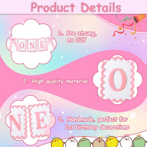 Vovii Bow Highchair Banner for 1st Girls Birthday Decoration, Pink and White One Birthday Banner for Party Decor Photo Props(Pre-Strung)