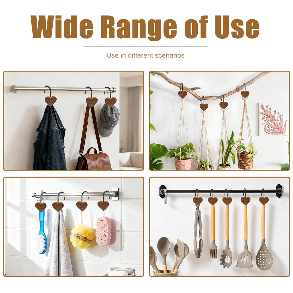 Shower Curtain Hooks, Wood Decorative Shower Curtain Rings, Modern Round Log Shower Curtain Hangers, 12PCS Shower Hooks for Shower Curtain Rod, Bedroom, Living Room (Heart-Black)