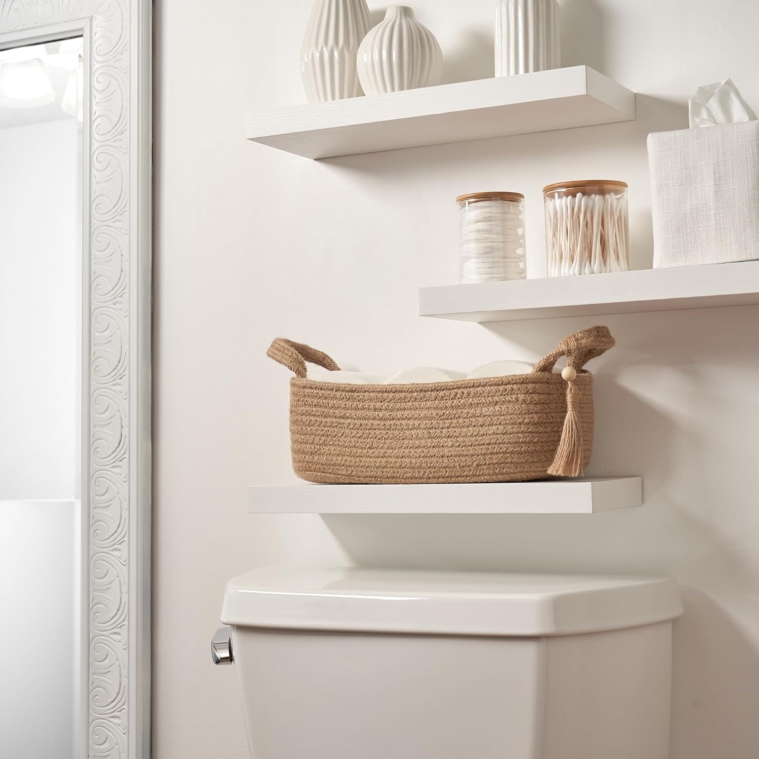 Skiennix Decorative Toilet Paper Basket - Stylish Bathroom Organizer for Tank Storage | Boho Jute Cotton Rope with Tassel