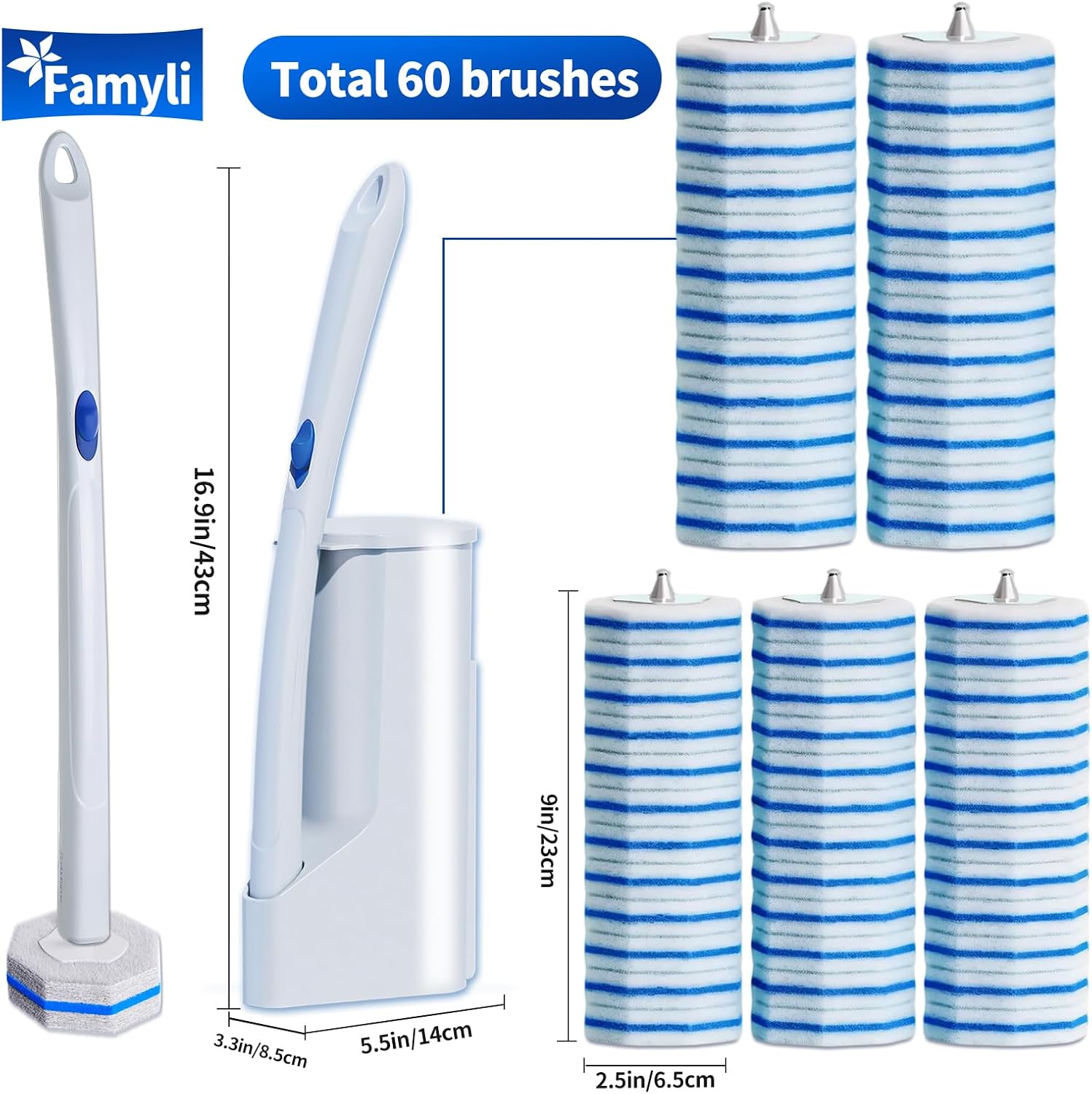 Skiennix Disposable Toilet Brush Set - 60 Replacement Heads & Storage Case for Deep Cleaning