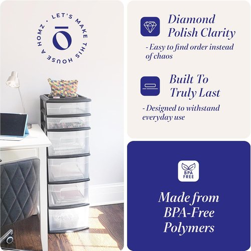 HOMZ 6-Tier Drawer Tower - Heavy-Duty Clear Plastic Storage Organizer Cart for Home & Closet