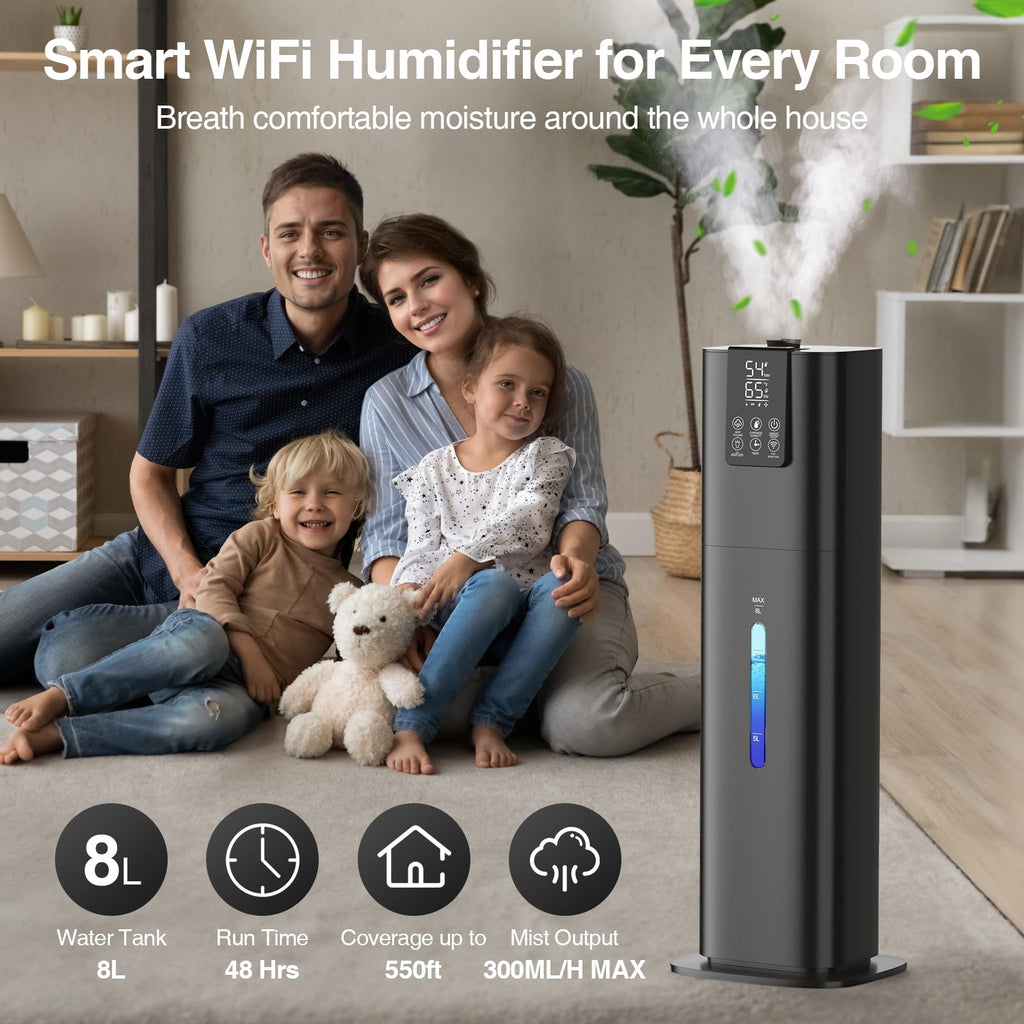 Smart Humidifiers Large Room Bedroom Home, 2.11Gal(8L) Quiet Top Fill Cool Mist Humidifier, Smart App & Remote Control, 3 Speed Humidifier with 360° Nozzle, Humidity Setting for Baby Office(Blue)