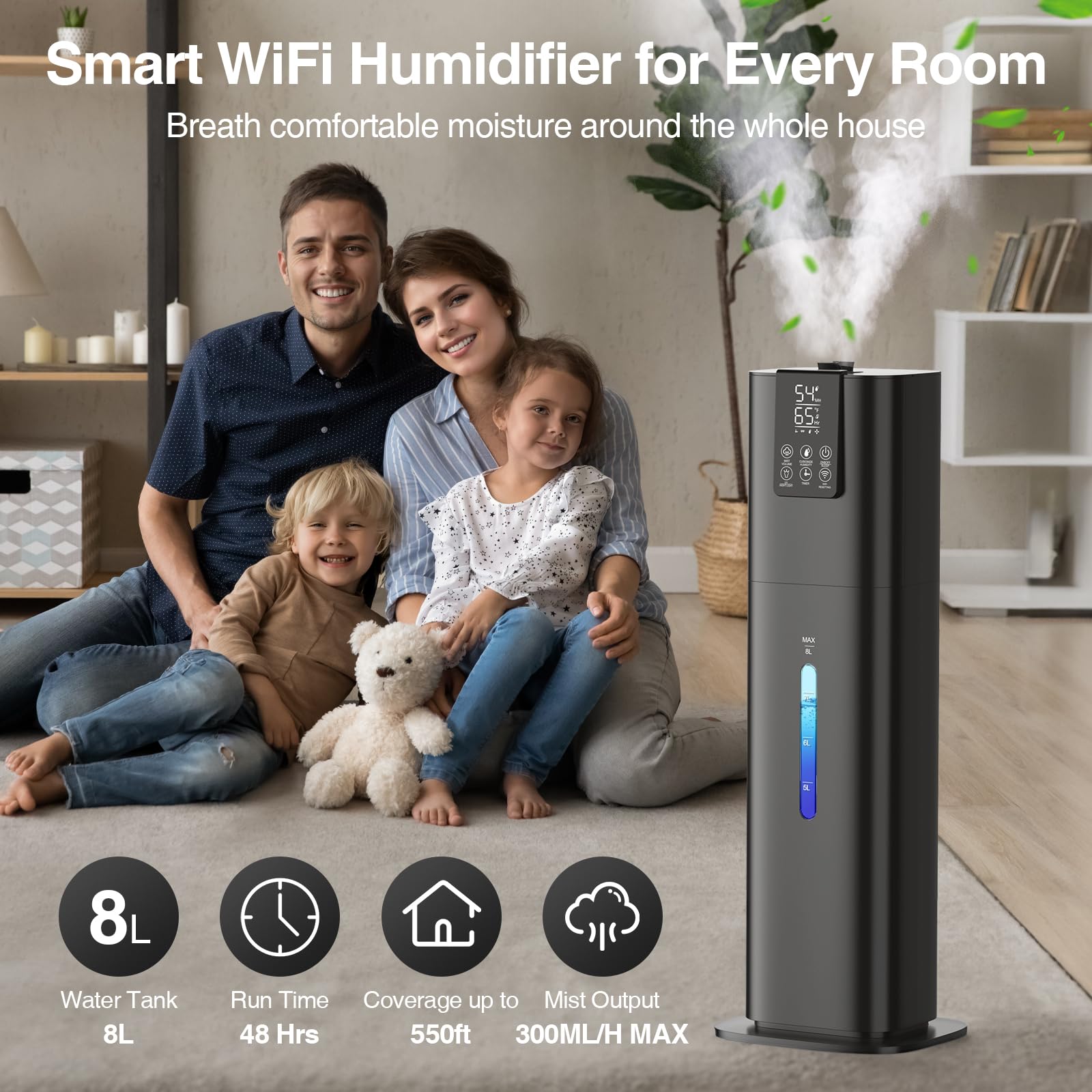 Smart Humidifiers Large Room Bedroom Home, 2.11Gal(8L) Quiet Top Fill Cool Mist Humidifier, Smart App & Remote Control, 3 Speed Humidifier with 360° Nozzle, Humidity Setting for Baby Office(Blue)