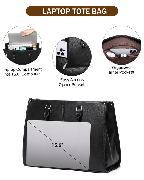 Laptop Tote Bag with Insulated Lunch Compartment for Women Work, PU Leather Lunch Bag with 15.6 Inch Computer Compartment