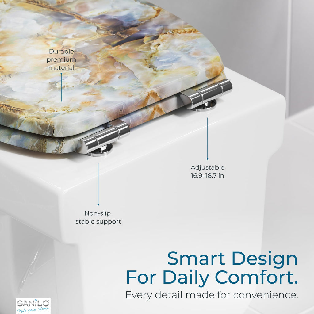 SANILO Wooden Toilet Seat with Soft Close [ROUND] - Decorative, Quiet & Slow Close Molded Wood Seat - With Strong Bumpers & Hinges - Adjustable Fit – Marble Brown