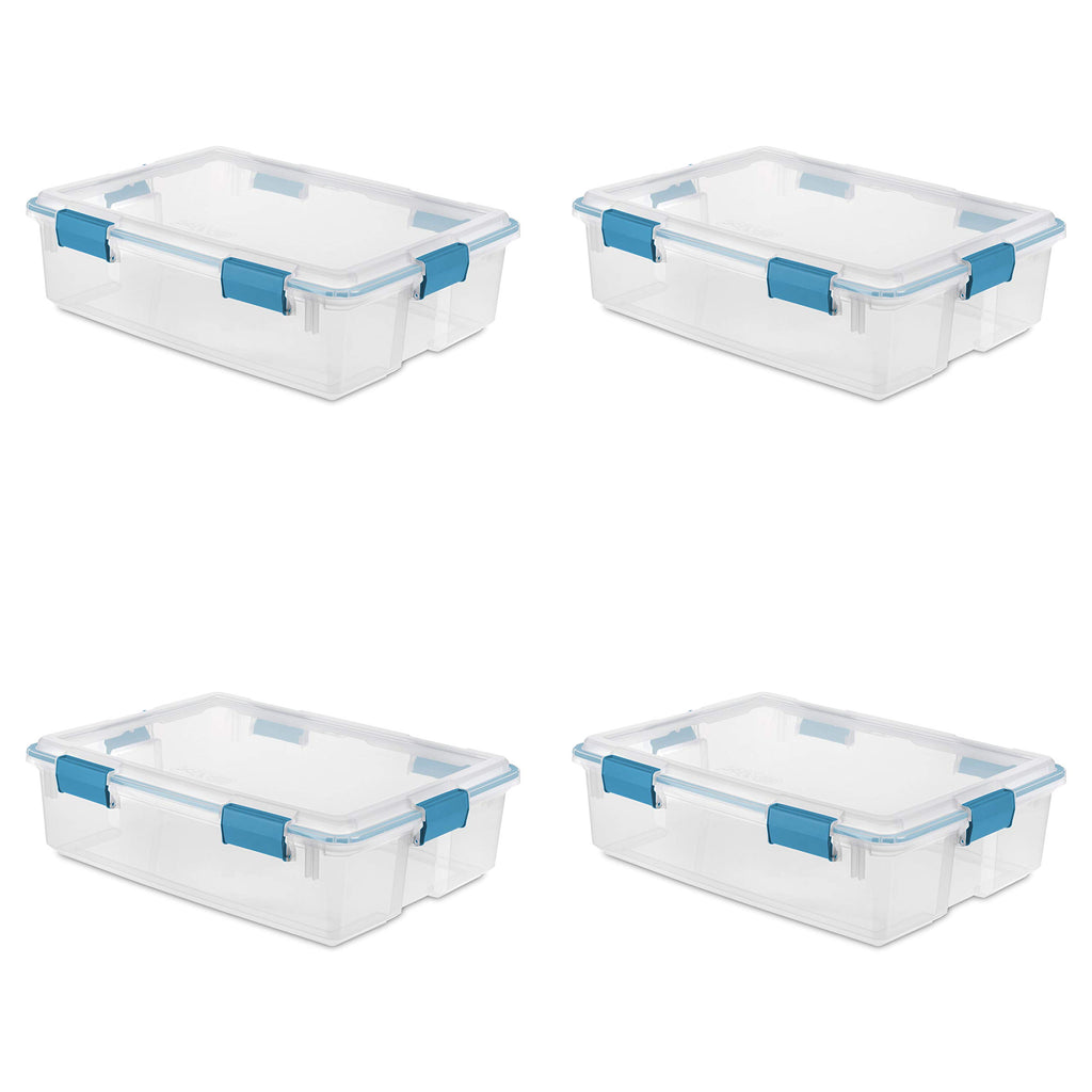 Sterilite 37 Qt Gasket Box, Stackable Storage Bin with Latching Lid and Tight Seal, Plastic Container to Organize Underbed, Clear Base and Lid, 4-Pack