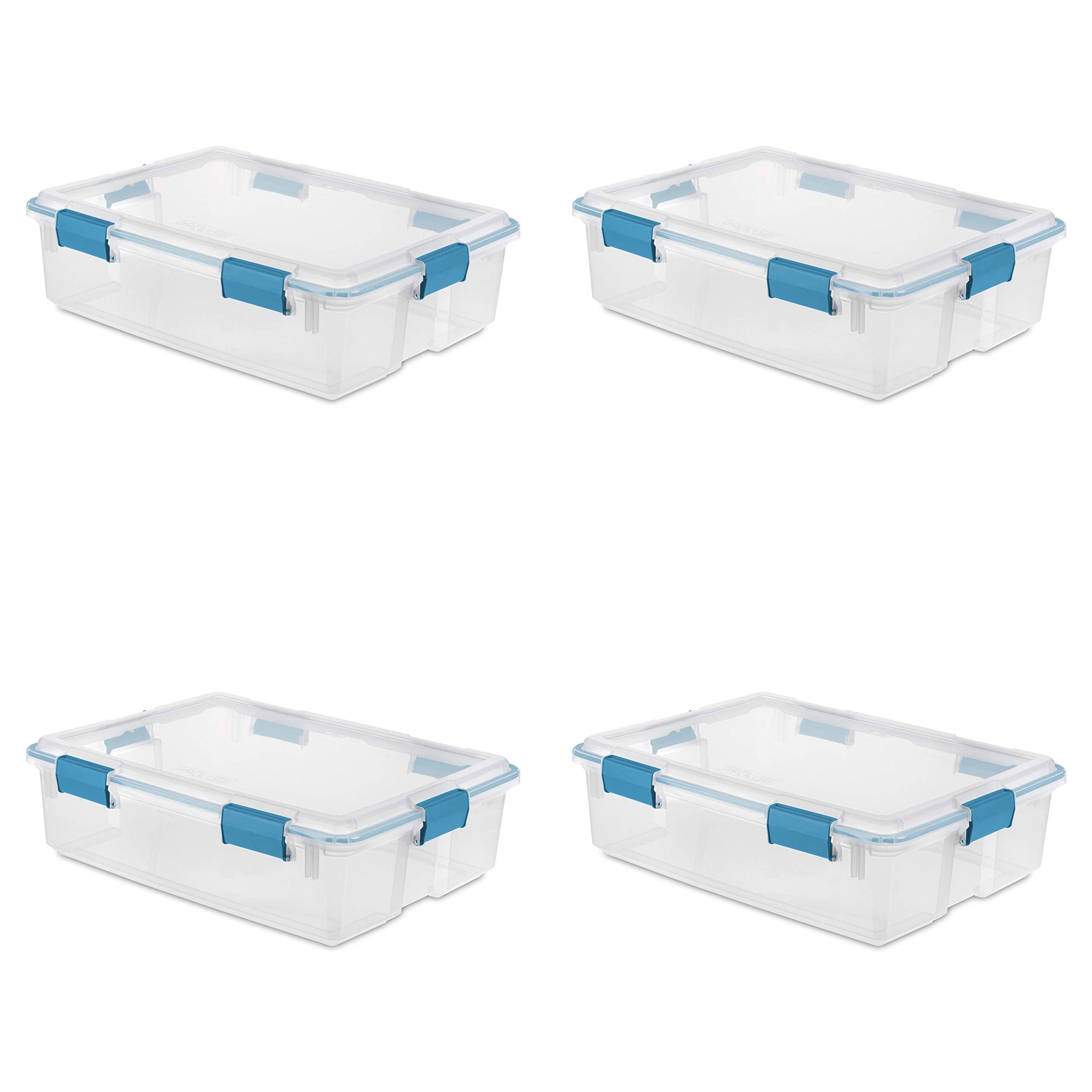 Sterilite 37 Qt Gasket Box, Stackable Storage Bin with Latching Lid and Tight Seal, Plastic Container to Organize Underbed, Clear Base and Lid, 4-Pack