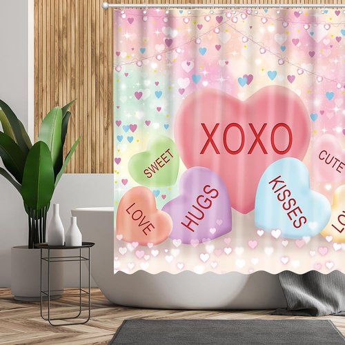 Fitumiw Valentines Love Hearts Shower Curtain 72" x 72" Conversation Hearts Home Bathroom Decorations Romantic Love Bathtub Curtain Set with 12 Hooks