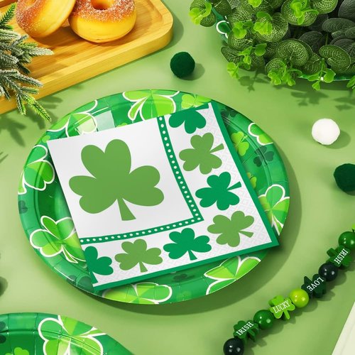White/Green Lucky Shamrocks Beverage Napkins - 5" x 5" (Pack Of 16) - Durable & Stylish Party Napkins - Perfect For St. Patrick's Day & Themed Celebrations