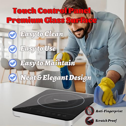Weceleh Portable Single Induction Cooktop Hot Plate Countertop Burner Cooker 1 Burner, 1800W, 9 Power Levels, 10 Temp Levels, Timer, Auto-Shut-Off, Touch Panel, LED Display, Child Lock, Black