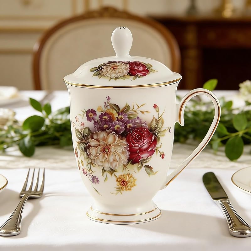 Floral 10oz Ceramic Mug with Gold Rim & Lid - Fine Bone China Tea Cup