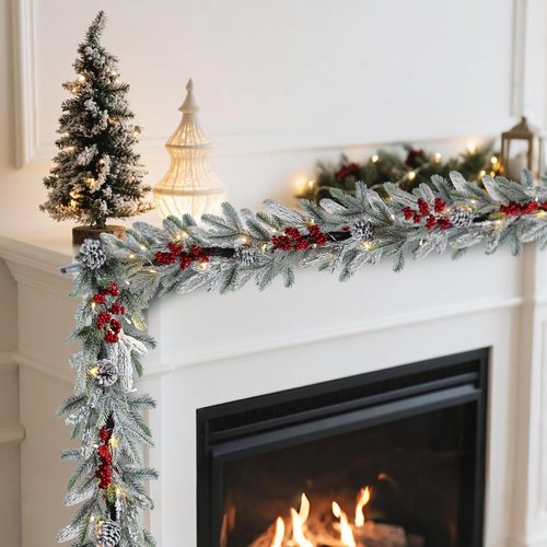 Bdor 6FT Pre-Lit Christmas Garland - Snow Flocked Pine with Red Berries & Pinecones | Battery Operated Holiday Decor for Mantel & Staircase