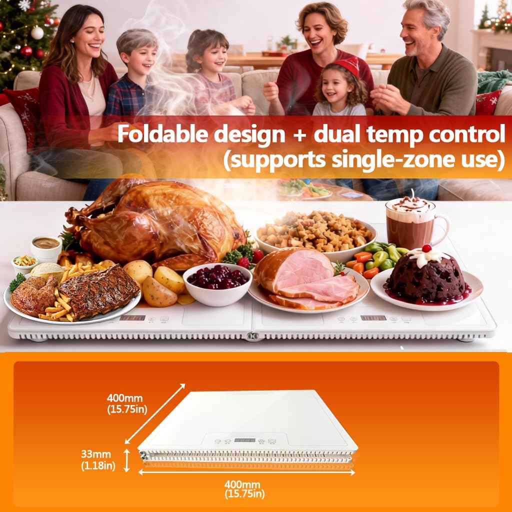 TUERKUMEN Food Warmer Tray - Foldable Desktop Warming Plate with Touch Control, Heat-Resistant Edges & Insulated Base, Stain-Proof Surface for Family Gatherings/Parties (Unfolded: 31.5"X15.75")