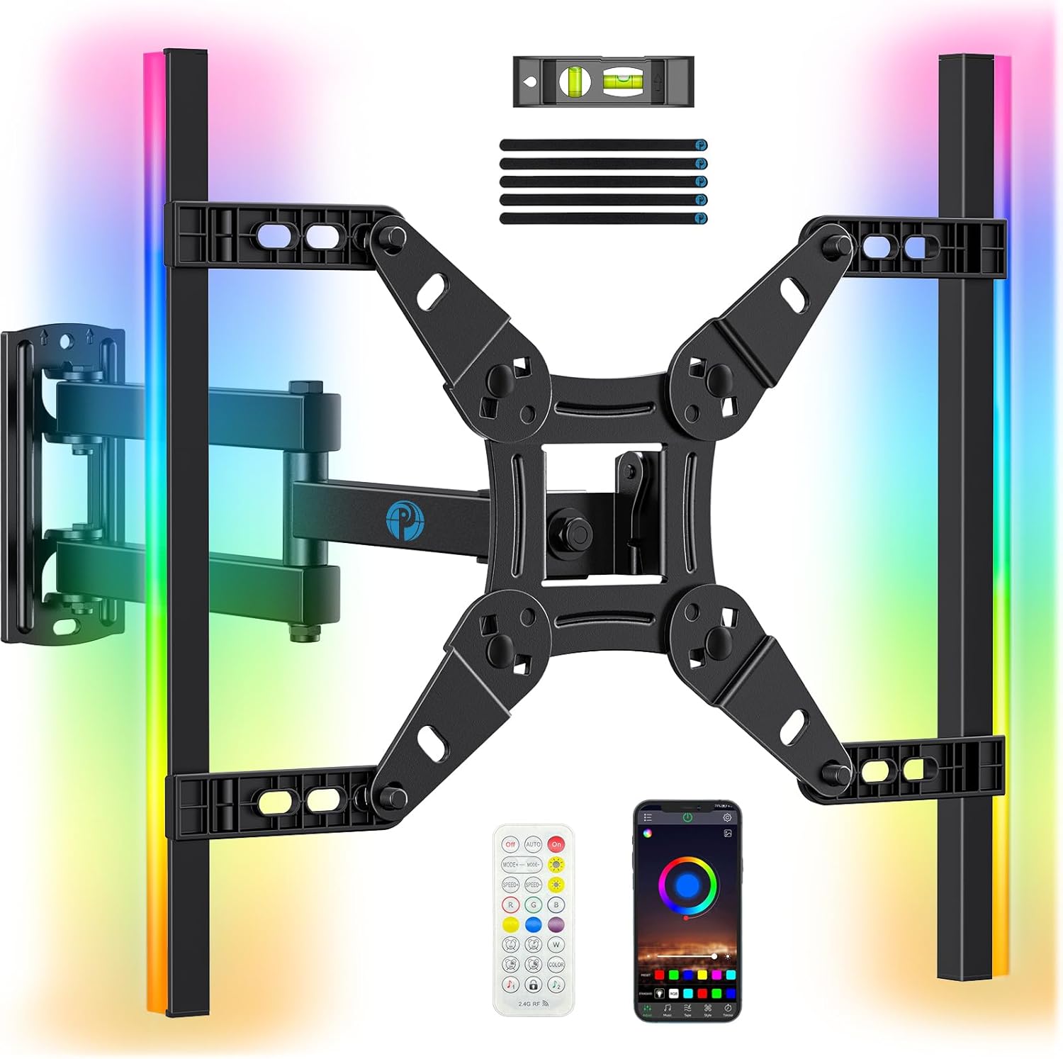 Pipishell Full Motion TV Wall Mount - Backlit Design with Music Sync for 13"-43" TVs, Max VESA 200x200mm