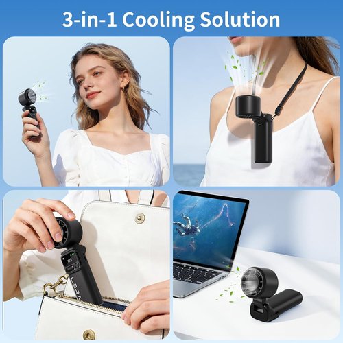 Lerat Portable Handheld Turbo Fan - 5-Speed High Power Mini Fan | 4000mAh Rechargeable Battery, 3-in-1 Foldable Design for Travel & Beach - Black