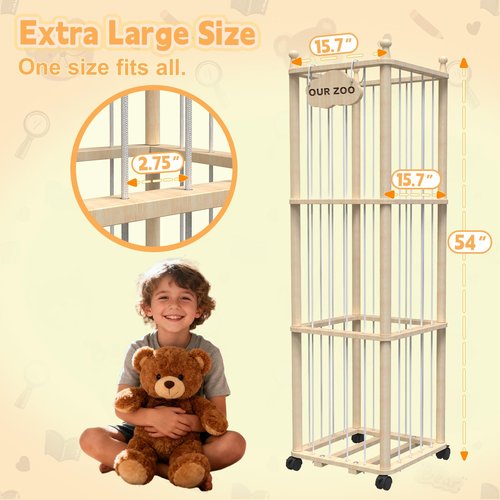 YACONA Stuffed Animal Storage, Wooden Stuffed Animal Holder with Brake Wheels, Toy Plushies Storage with Elastic Bands, Extra Large Toy Organizer & Display Cage for Nursery, Bedroom, Playroom