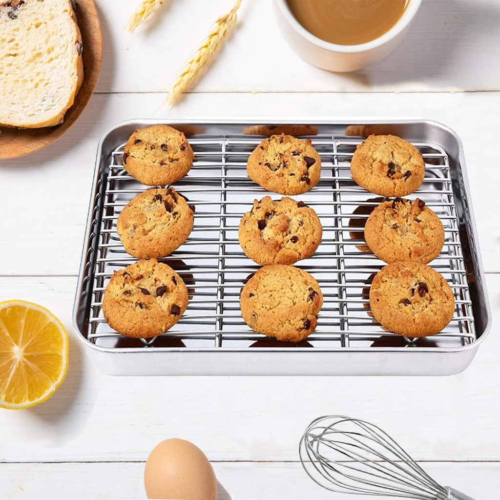 Wildone Baking Sheet Set - Stainless Steel Cookie Pan with Cooling Racks | 2 Sheets & 2 Racks, 9 x 7 x 1 Inch