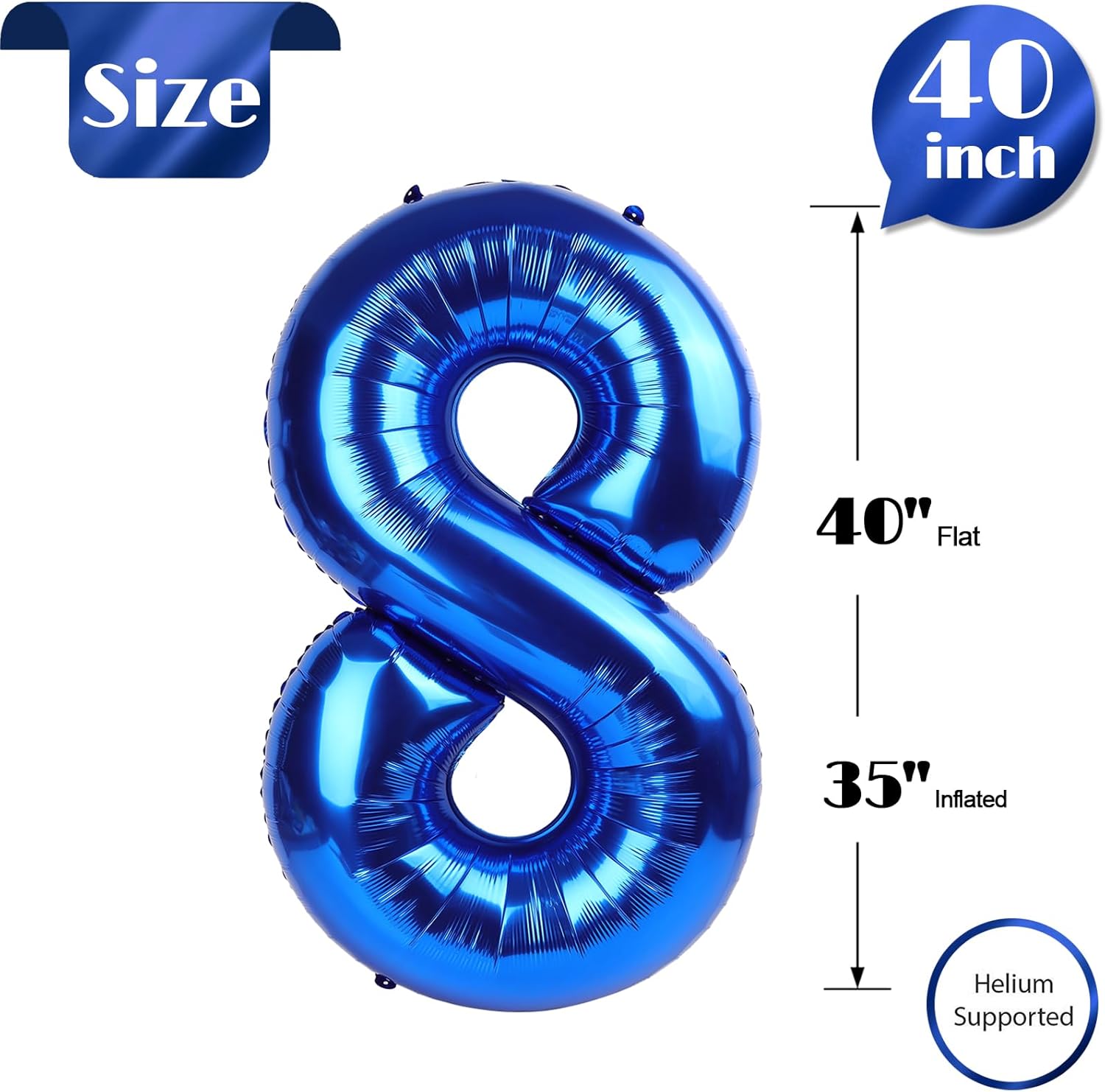 Metallic Blue Number 8 Balloon - 40 Inch Giant Foil Balloon for 8th Birthday Party Decorations