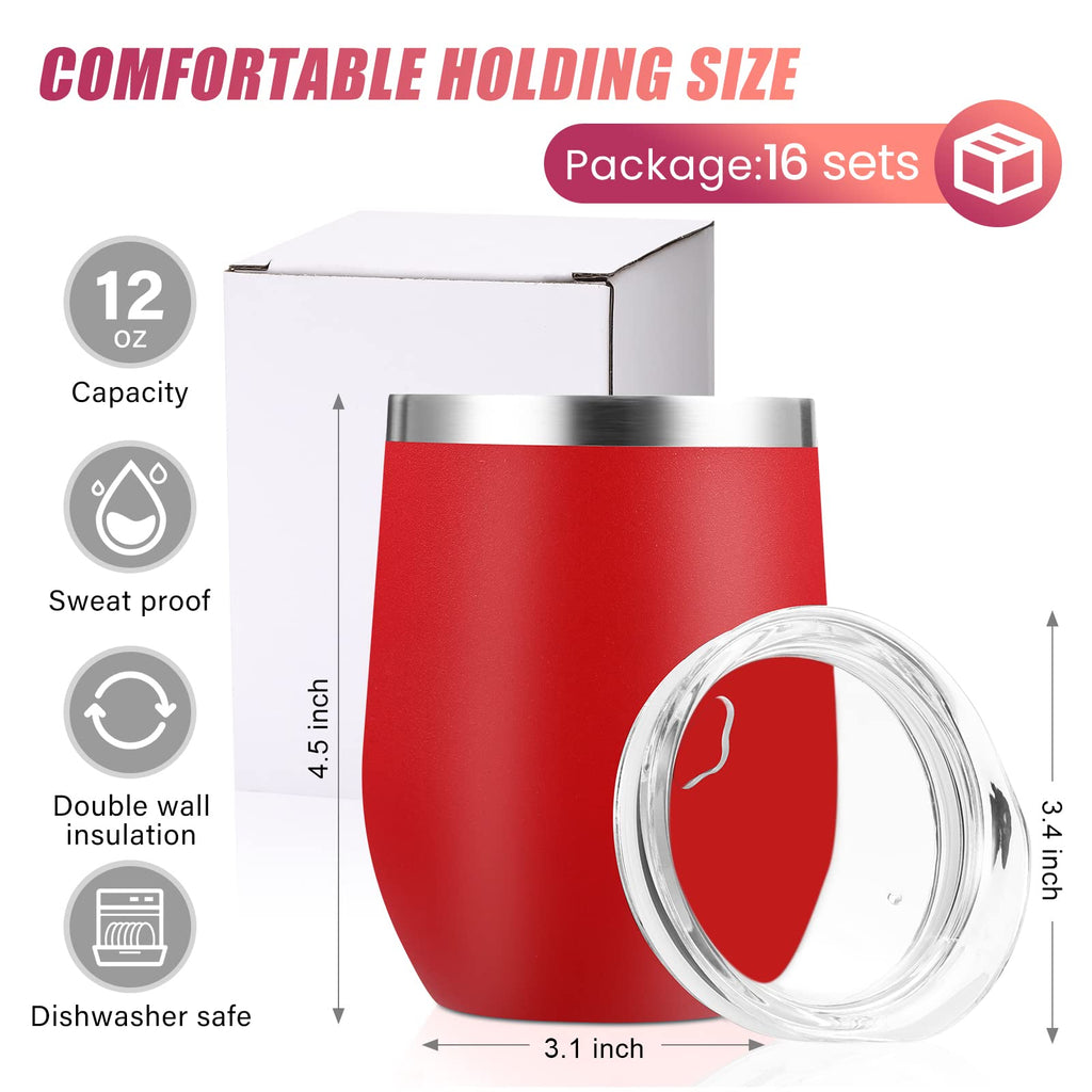 Remagr 16 Pack Stainless Steel Wine Tumblers 12 oz Insulated Vacuum Wine Cup Set Double Wall Stainless Steel Stemless Mug Glasses for Coffee Soda Whiskey Outdoor Travel (Red)