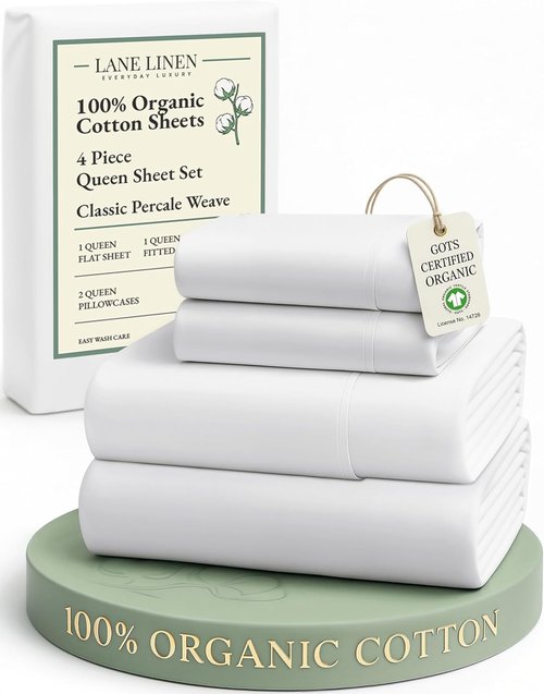 **LANE LINEN Eco-Friendly 100% Organic Cotton Queen Sheet Set - Soft, Comfy & Naturally Cooling White**