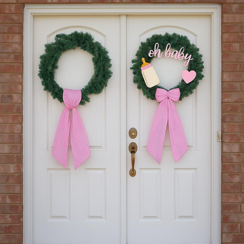 Skiennix Pink White Gingham Wreath Sash - 5.12" Wide x 54.33" for Baby Shower & Spring Decor