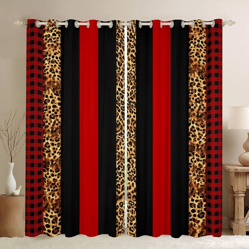 Manfei Leopard Print Blackout Curtains Red Brown Black Stripes Window Drapes, Wild Animal Cheetah Skin Window Treatments for Kids Boys Girls Room Decor, Grommet Top 2 Panel Set Curtains, 42Wx63L inch