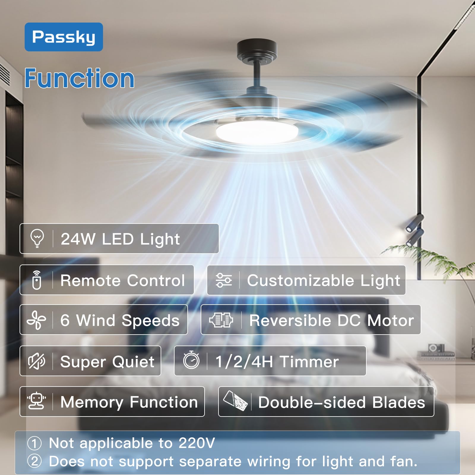 Passky Ceiling Fans with Lights, 52 inch Sleek Ceiling Fan with Light and Remote Control, 3CCT, Dimmable, Reversible, Noiseless, Black Ceiling Fan for Bedroom, Living Room