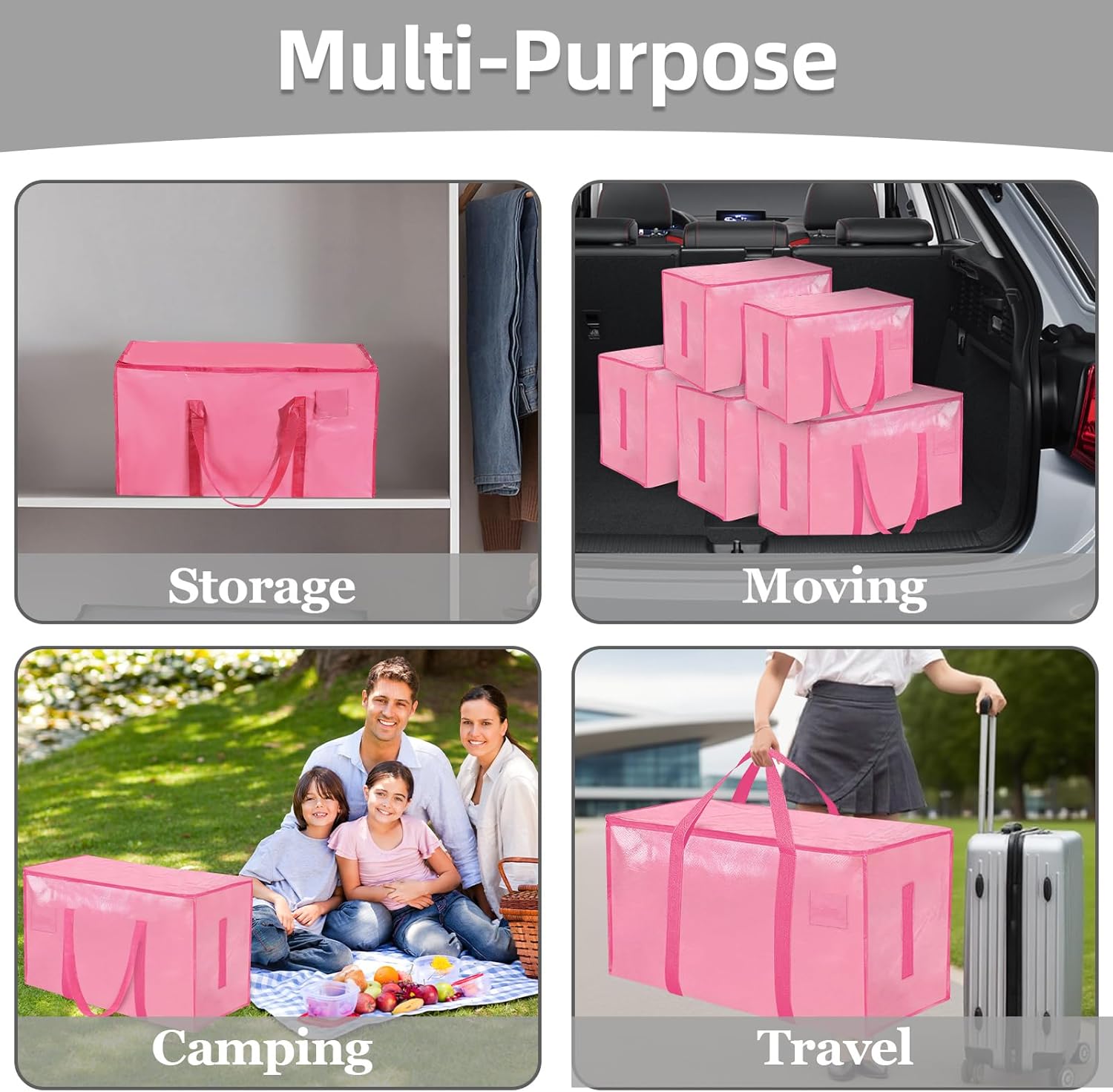 Skiennix Extra Large Heavy Duty Moving Bags - Waterproof Storage Totes with Zippers & Handles | 8 Pack (Pink)